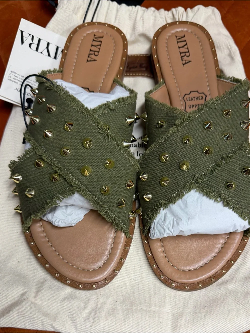 Myra Bag Olive Green Studded Crossband Leather-Trim Slide Sandals women’s 10